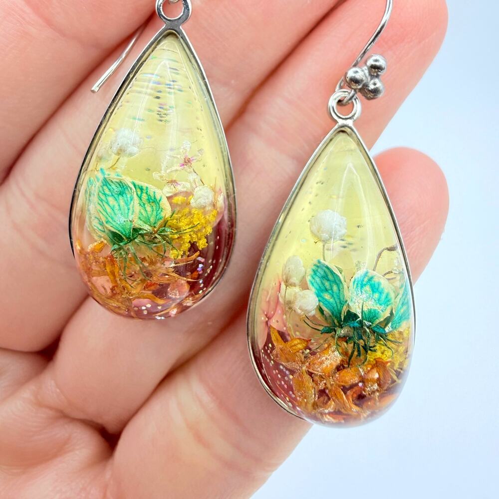 Handcrafted 925 Sterling Silver Pressed Flowers Teardrop Dangle Earrings Boho